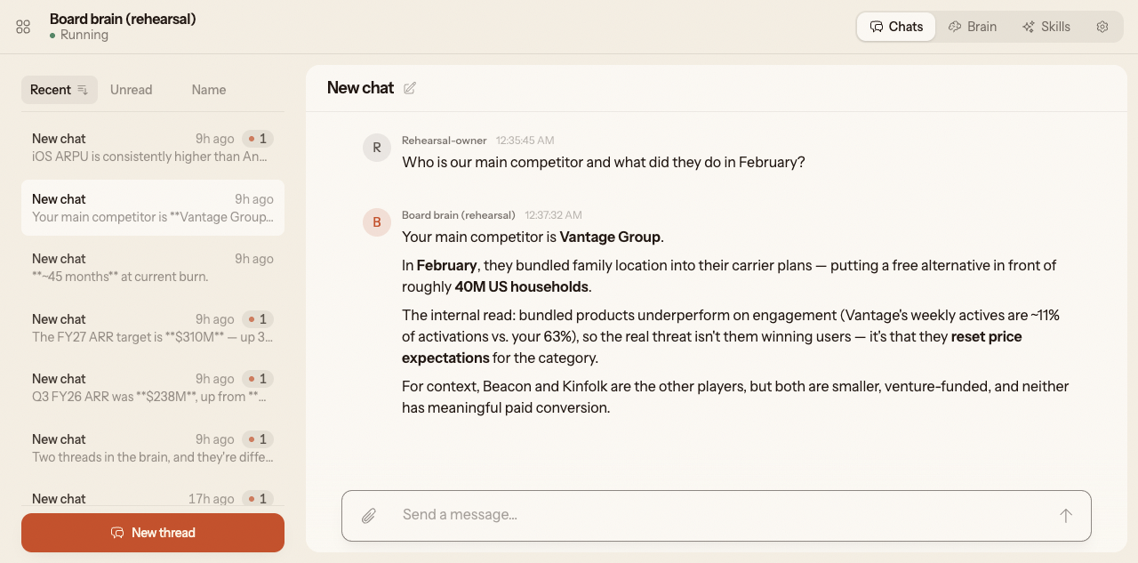 Someone asks who the main competitor is and what they did in February. The brain names Vantage Group, describes the February carrier bundling, and names the two pages it drew from.