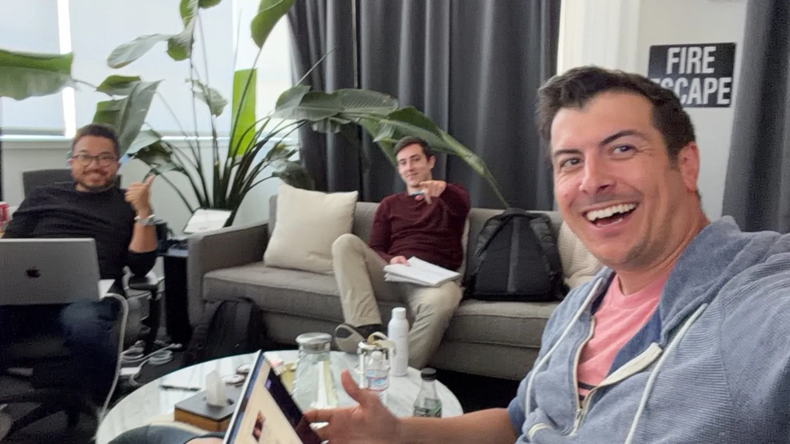 Garry, Brad and Jamie in a room with laptops open, setting up the world's second GBrain.